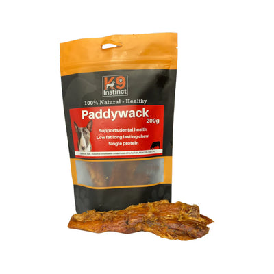 K9 Instinct Paddywack 200g – natural long-lasting beef tendon chew for dogs, rich in collagen and elastin, supports skin, coat, and dental health.