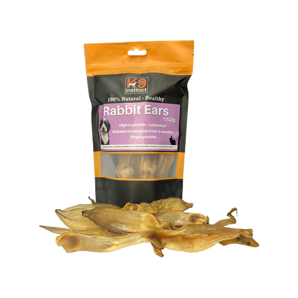 K9 Instinct Rabbit Ears 150g – 100% natural air-dried rabbit ears, high protein, hypoallergenic chew for dogs, supports digestion and anal gland health.