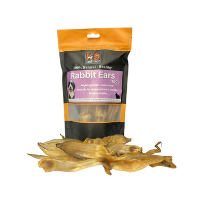 K9 Instinct Rabbit Ears 150g – 100% natural air-dried rabbit ears, high protein, hypoallergenic chew for dogs, supports digestion and anal gland health.