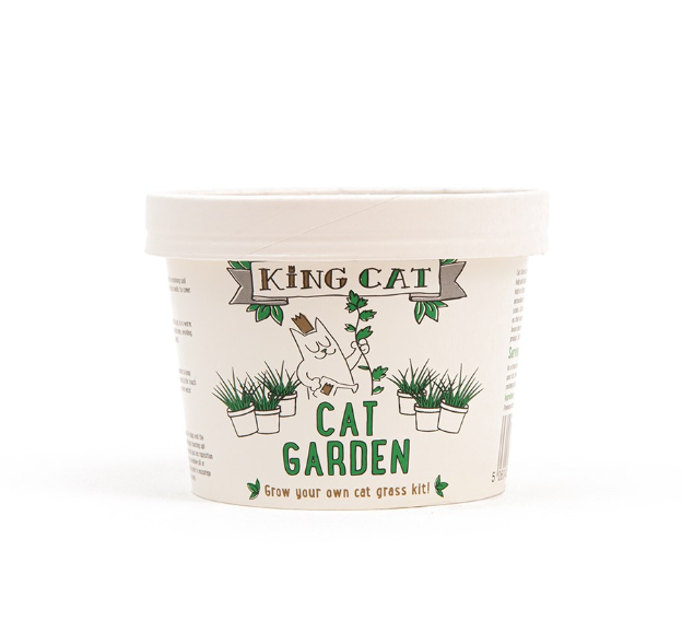 King Catnip Cat Garden grow-your-own cat grass kit in a white tub with green lettering and illustrated cats