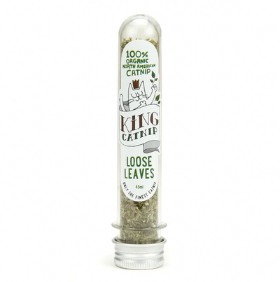 King Catnip Loose Leaves 45ml in a clear resealable tube labelled 100% organic North American catnip