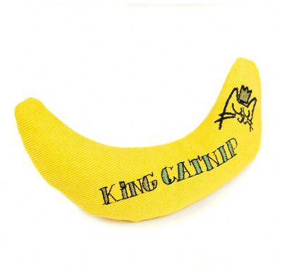 Yellow King Catnip Banana fabric cat toy with embroidered logo, filled with organic North American catnip leaves