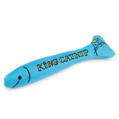 King Catnip Sardine blue fabric fish cat toy with an embroidered face and King Catnip lettering