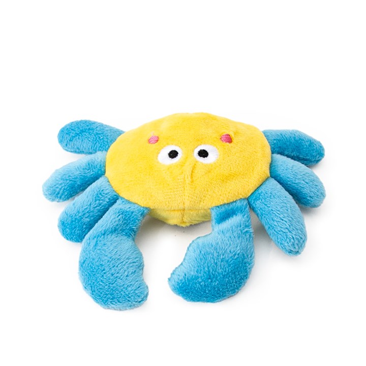 King Catnip Sealife Crab plush cat toy with yellow body and blue claws and legs, filled with organic North American catnip