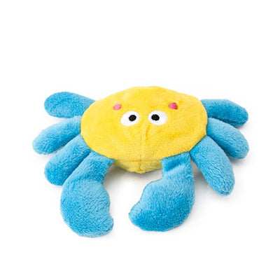 King Catnip Sealife Crab plush cat toy with yellow body and blue claws and legs, filled with organic North American catnip