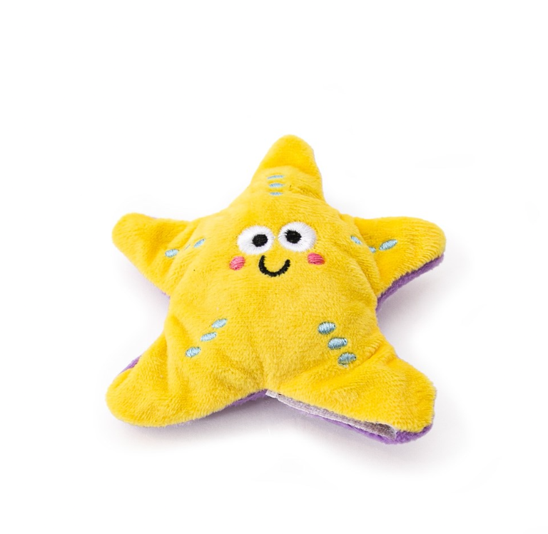 King Catnip Sealife Starfish plush cat toy with a yellow smiling face, blue stitched markings and purple edging