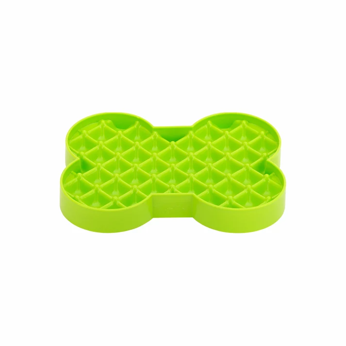 LickiMat Slodog small green bone-shaped slow feeder plate with shallow food pockets