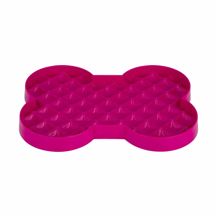 LickiMat Slodog standard pink bone-shaped slow feeder plate with shallow food pockets