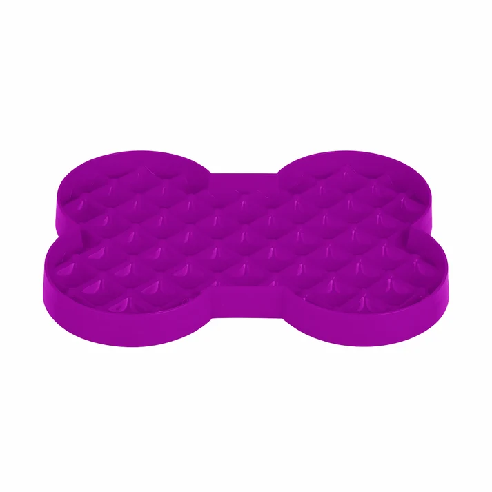 LickiMat Slodog standard purple bone-shaped slow feeder plate with shallow food pockets