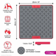 Red LickiMat Tuff Buddy 20 × 20cm lick mat with grey criss-cross texture, shown with dimensions and care features