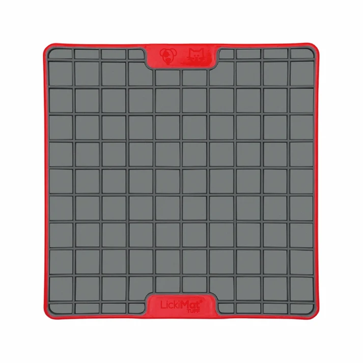 Red LickiMat Tuff Playdate 20cm dog lick mat with grey square food pockets and a rigid red base