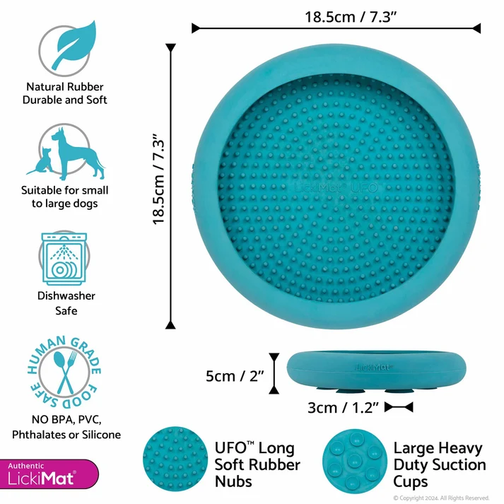 LickiMat UFO guide showing 18.5cm width, 5cm height, textured rubber nubs and seven suction cups