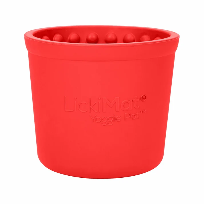 Red LickiMat Yoggie Pot dog slow feeder with raised internal nubs