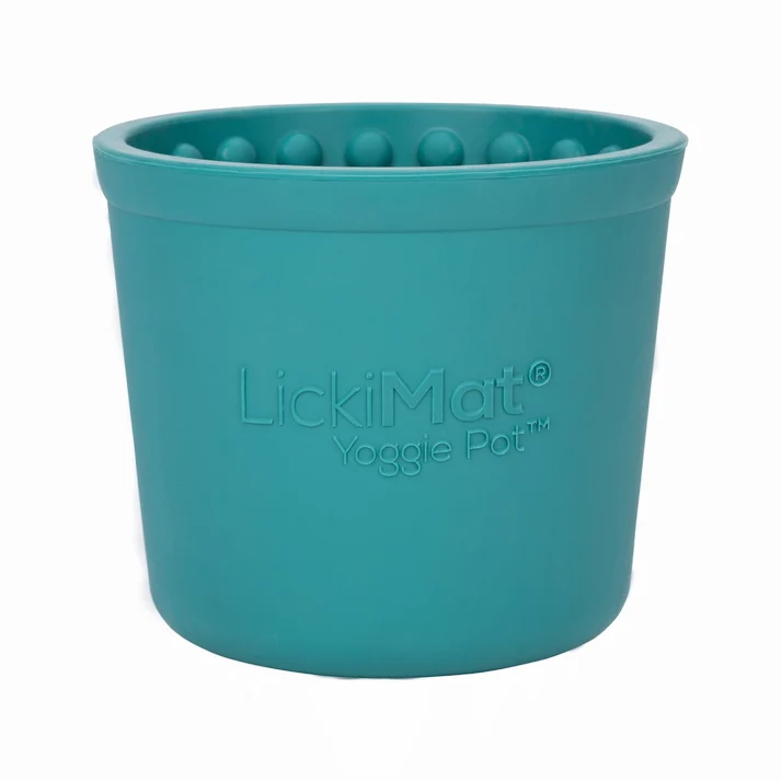 Turquoise LickiMat Yoggie Pot dog enrichment and slow feeder pot