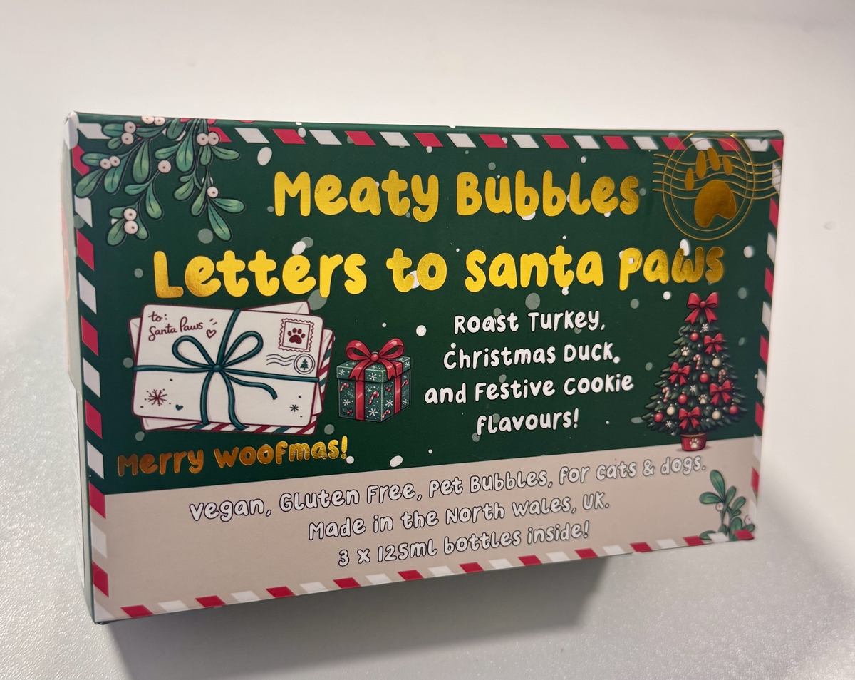 Meaty Bubbles Letters to Santa Paws Christmas gift box containing Roast Turkey, Christmas Duck and Festive Cookie bubbles, 3 x 125ml
