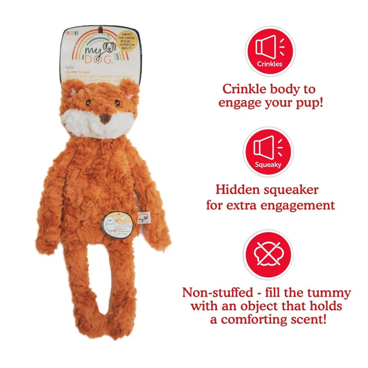 MyDog Fox toy features showing crinkle body, hidden squeaker and unstuffed scent pocket