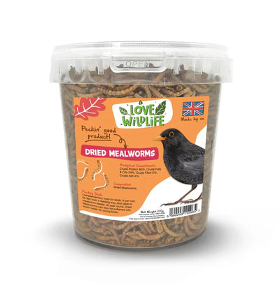 Love Wildlife Dried Mealworms 200g tub, high-protein natural wild bird food for garden birds, ideal for year-round feeding and attracting robins, blackbirds, and tits

