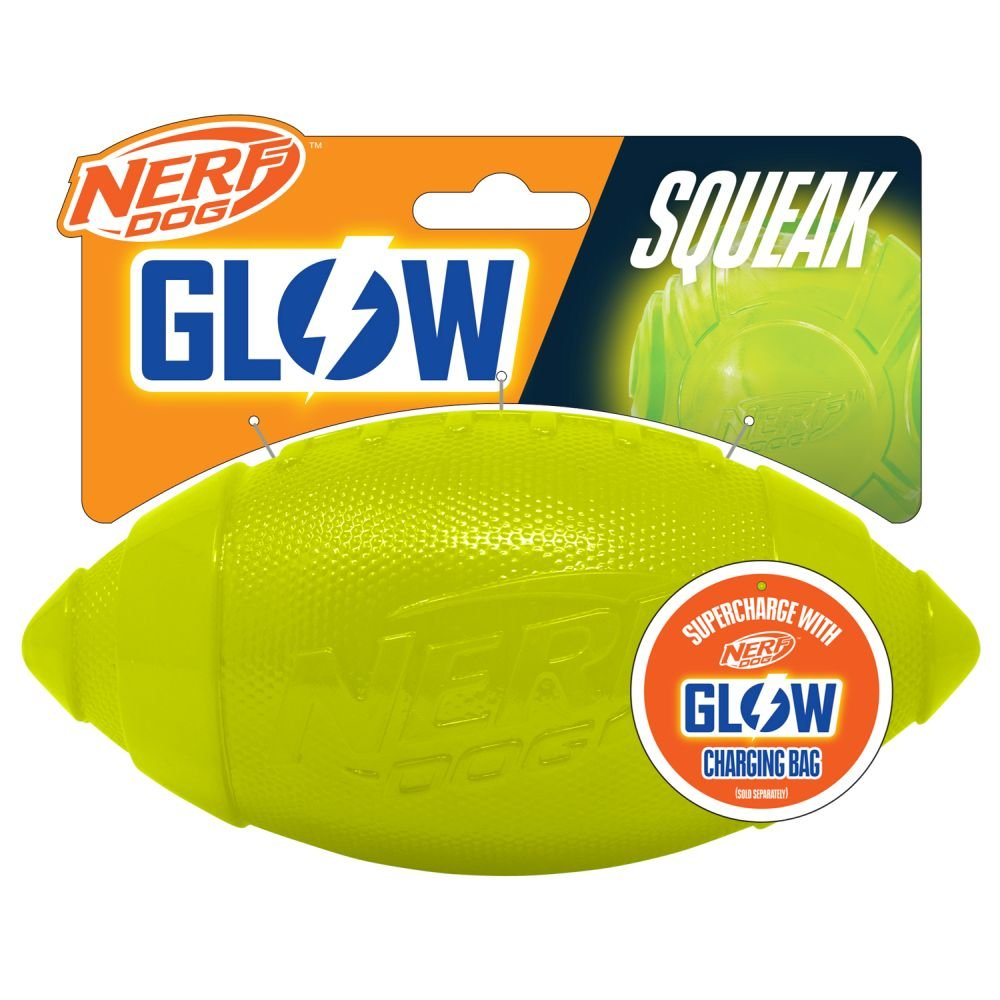 Nerf Dog Ultra Glow Classic Squeak Football in bright green, 7 inch