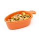 Orange dolomite pet dish shaped like a carrot, with a green leaf-shaped handle