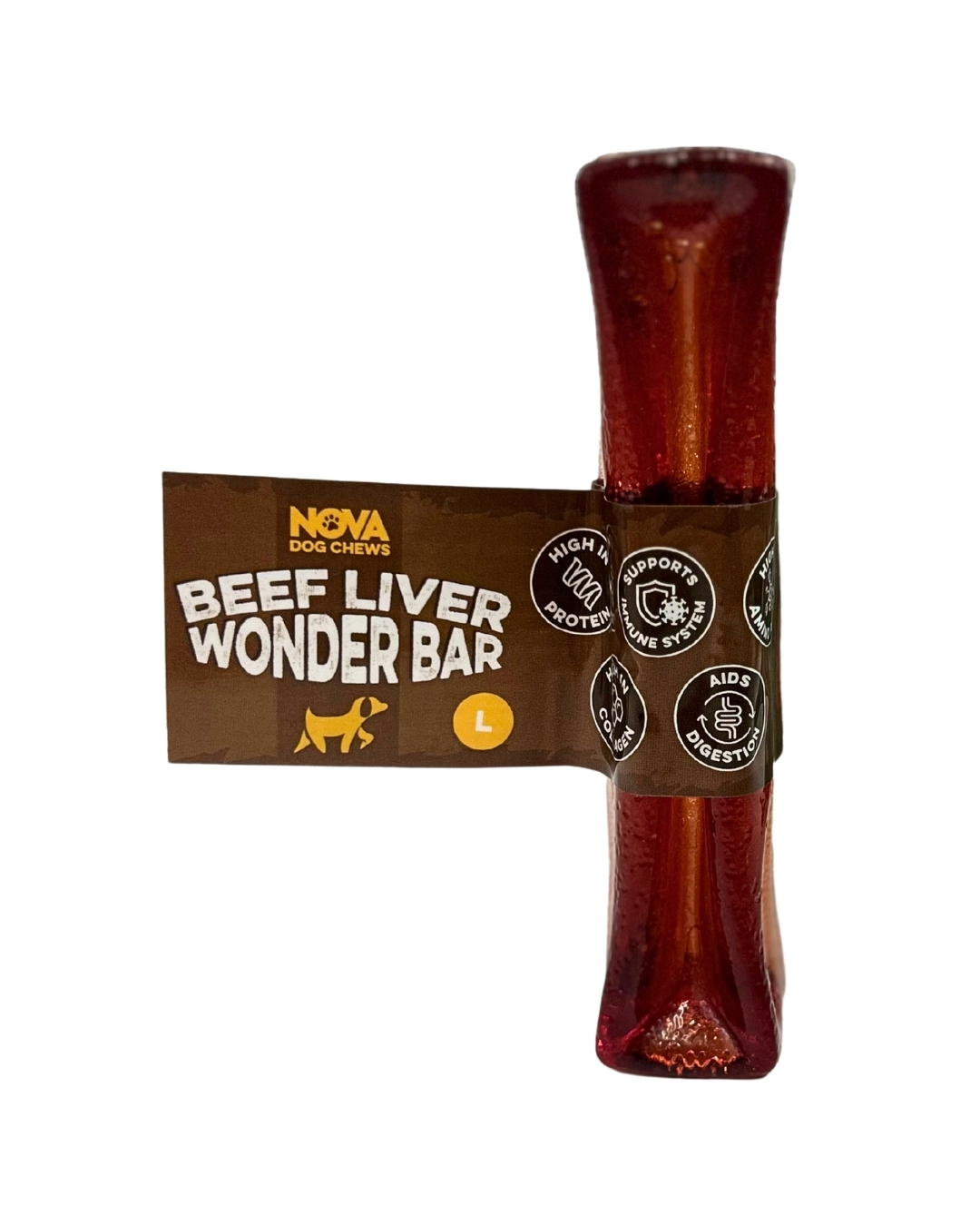 Nova Wonder Bar Beef Liver Large collagen dog chew in its labelled sleeve