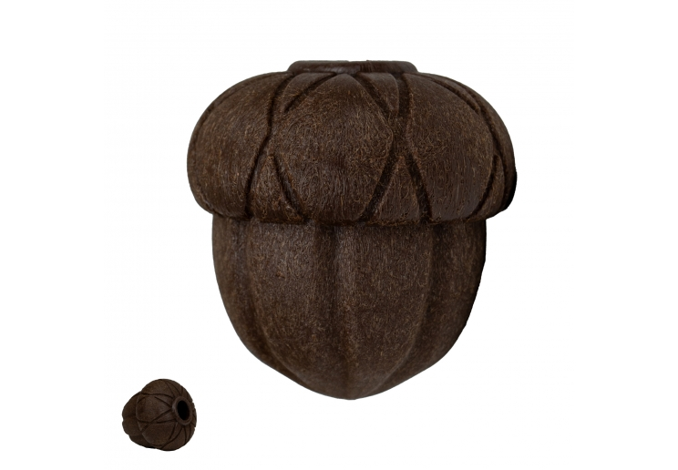 Örva Acorn brown textured treat-dispensing dog toy with inset showing the filling opening