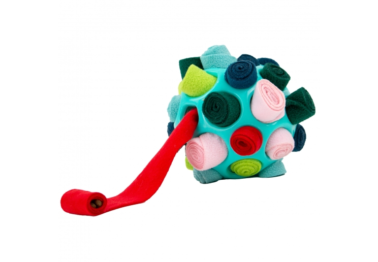 Örva Interactive Snuffle Ball with colourful rolled fabric strips for hiding dog treats