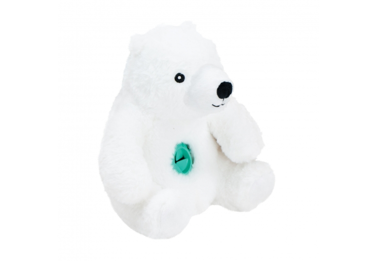 Örva Polar Bear Treat Belly white plush dog toy with a green treat opening in its tummy