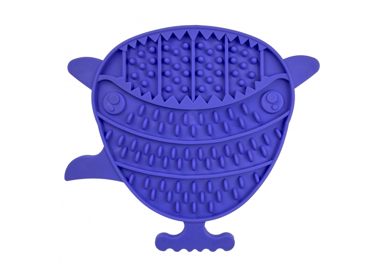 Örva Pufferfish Lick Mat in purple with multiple raised textures for treat paste
