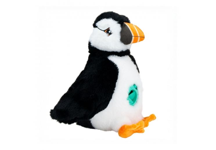Örva Puffin Treat Belly black and white plush dog toy with an orange beak and turquoise treat opening