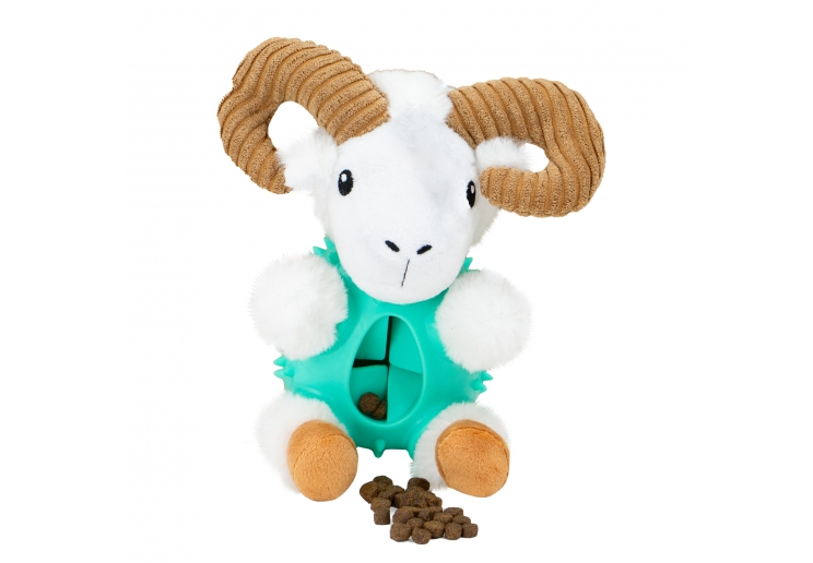 Örva Ram Ball Belly with a soft white ram character and turquoise treat-dispensing belly
