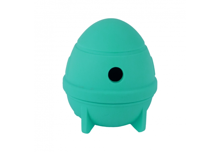 Örva Rocket Treat Toy in turquoise with treat-dispensing hole, assembled view