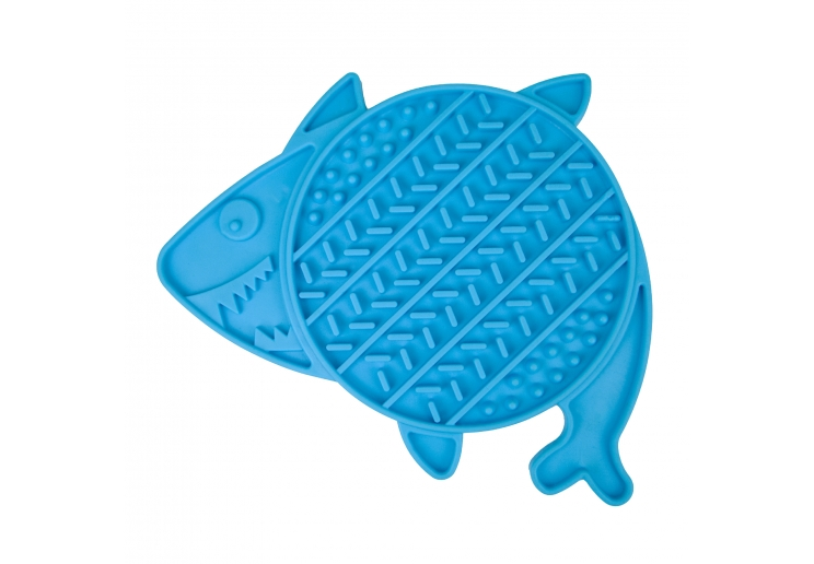 Örva Shark Lick Mat in blue with raised ridges and dots for treat paste