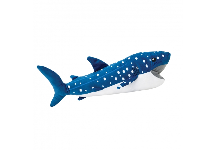 Örva Snuffle Basking Shark soft dog enrichment toy in blue with white spots and a wide grey mouth