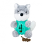 Örva Wolf Ball Belly grey and white plush dog toy with a turquoise treat-dispensing belly