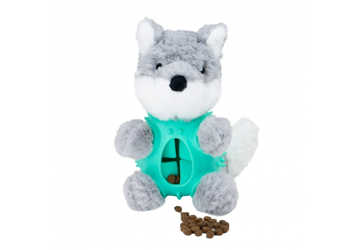 Örva Wolf Ball Belly grey and white plush dog toy with a turquoise treat-dispensing belly