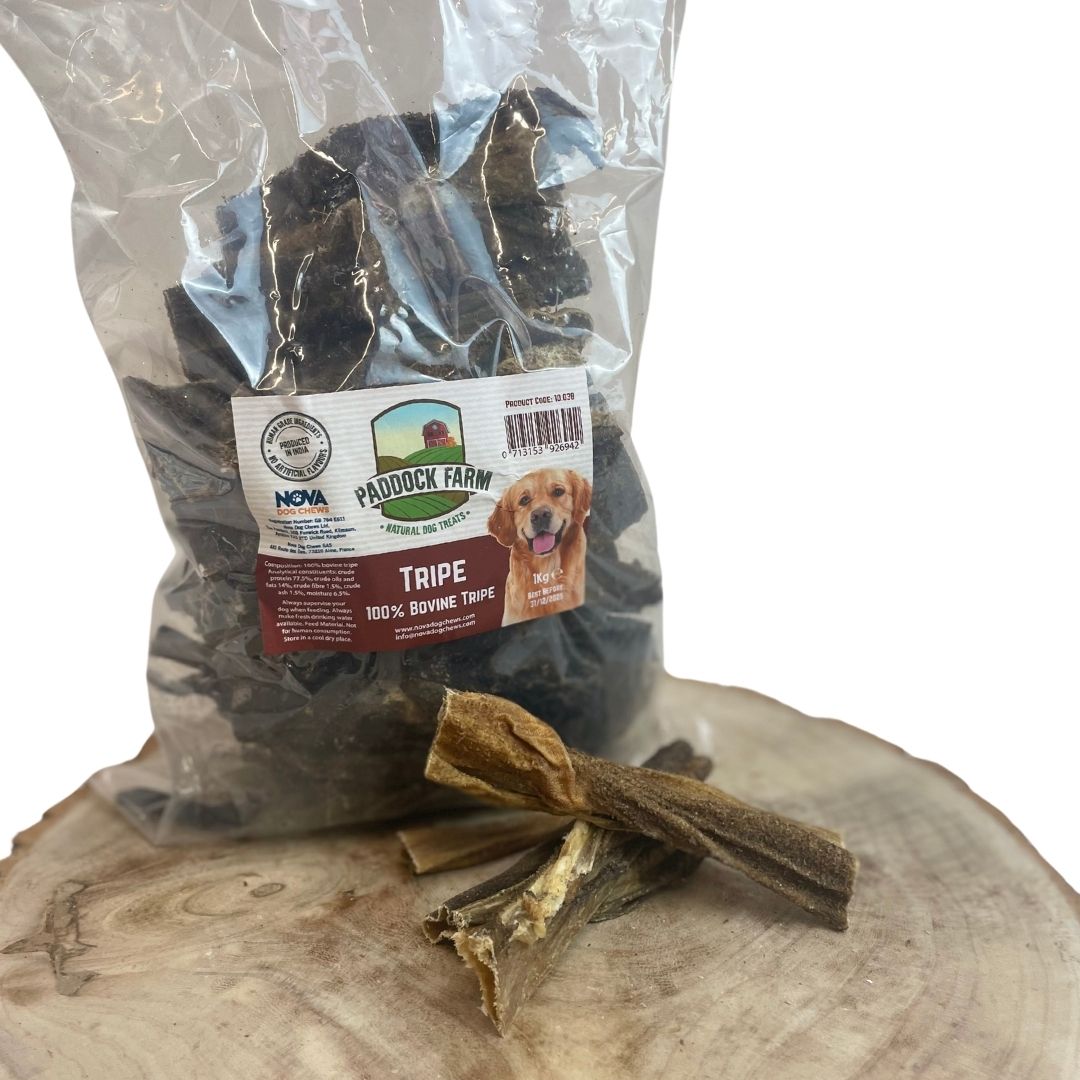 Paddock Farm Beef Tripe 1kg bag with natural tripe chew pieces displayed on a wooden board