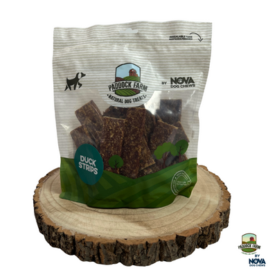 Paddock Farm 100% Duck Strips dog treats in resealable 500g bag; natural single protein, grain free, high protein chew snacks for dogs by Nova Dog Chews