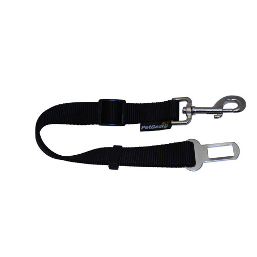 Black PetGear adjustable dog seat belt with metal harness clip and seat belt buckle connector