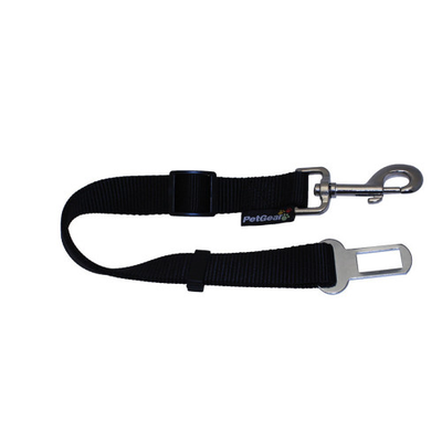 Black PetGear adjustable dog seat belt with metal harness clip and seat belt buckle connector