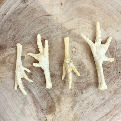 Four natural puffed chicken feet dog treats on a rustic wooden background, crunchy single-ingredient treats high in protein and glucosamine, sold at Amy’s Pet Supplies.