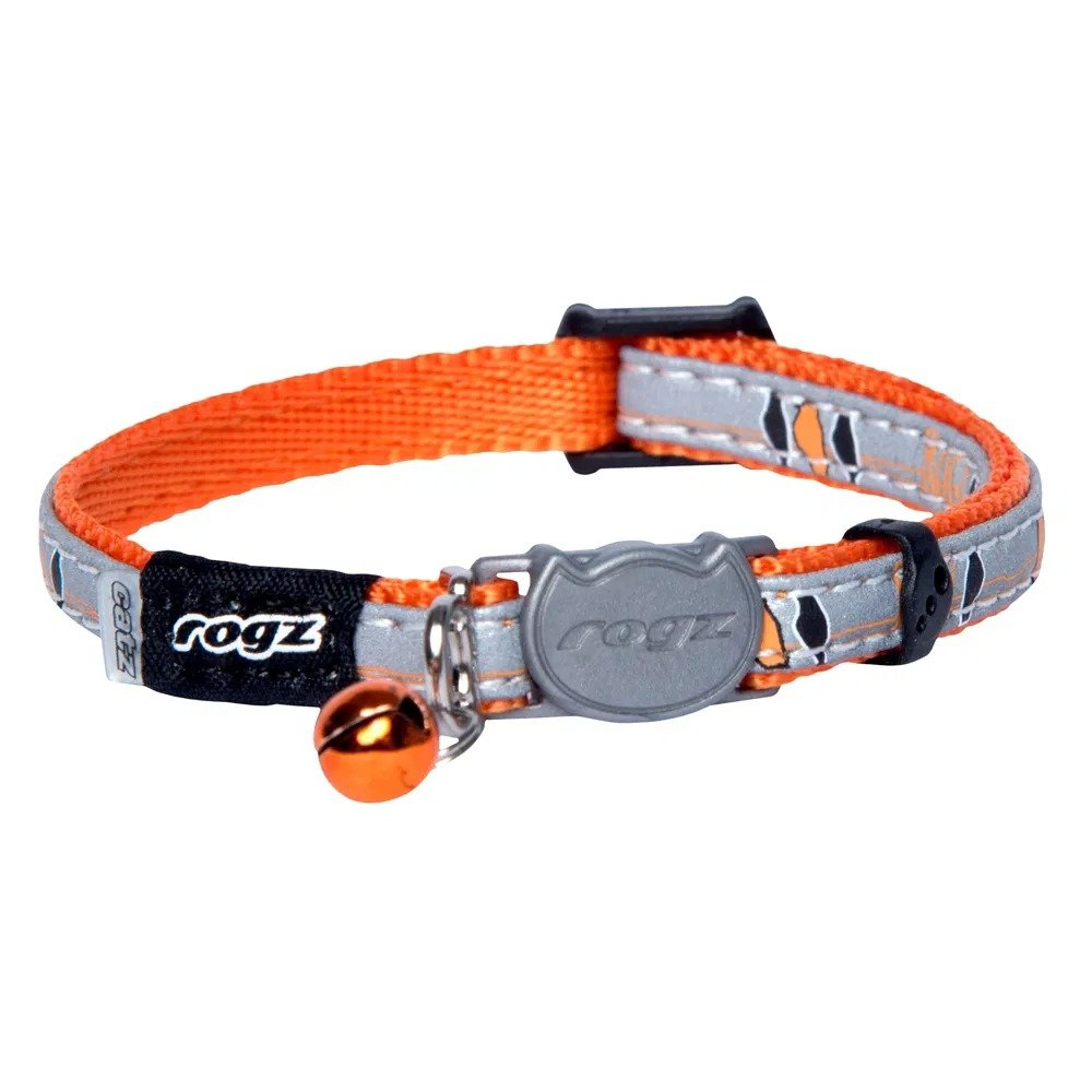 Rogz NightCat orange reflective cat collar with grey buckle and orange bell, Small 200–310mm