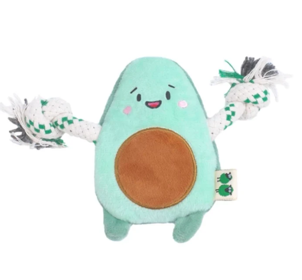 Stuffing-free avocado plush dog toy with recycled cotton rope limbs