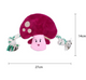 Small stuffing-free mushroom dog toy with burgundy cap, pink face and knotted rope arms, measuring 27cm wide and 14cm high