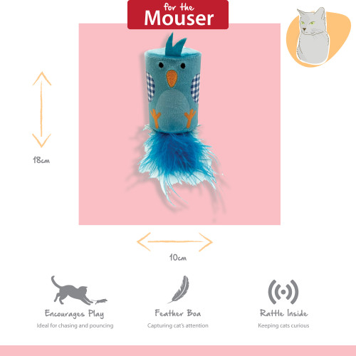 Tabby Patch Bluebird Rattle and Roll cat toy showing 18cm height, 10cm width, feather boa and rattle features