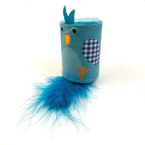 Tabby Patch bluebird cat toy with blue fabric body, gingham wings and blue feather tail