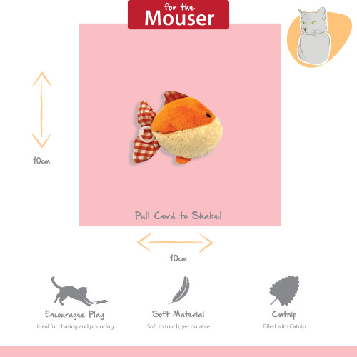 Tabby Patch Shaking Goldfish cat toy showing 10 by 10cm size, pull-cord action, soft material and catnip
