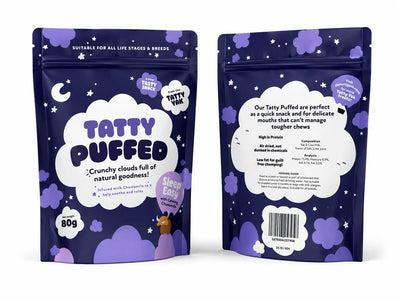Tatty Yak Puffed Sleep Easy chamomile crunchy dog treats 80g pouch