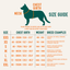 Twiggy Tags Apex harness size guide with measuring diagram, chest girth, approximate weight, minimum neck and neck-base measurements from XXS to XXL.