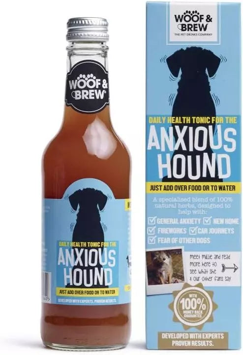 Woof & Brew Anxious Hound herbal tonic for dogs, 330ml calming supplement bottle and packaging, designed to ease general anxiety, travel stress, and noise fears—natural daily health support for anxious pets.