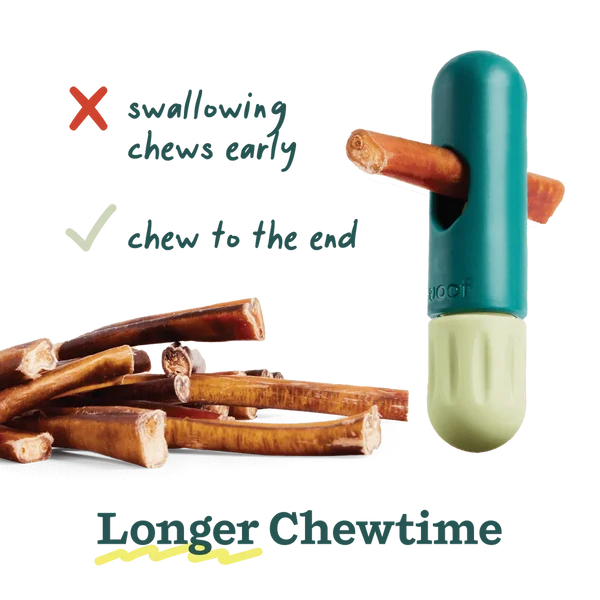 Woof BullySafe adjustable chew holder shown with a bully stick inserted and natural chews beside it